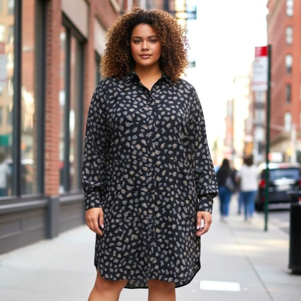 SUSAN GRAVER Button Front Navy Animal Print Long Sleeve Shirt Dress 2X